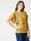 Are You Lonely Ruffle Sleeve Multicolor Base Mustard Top