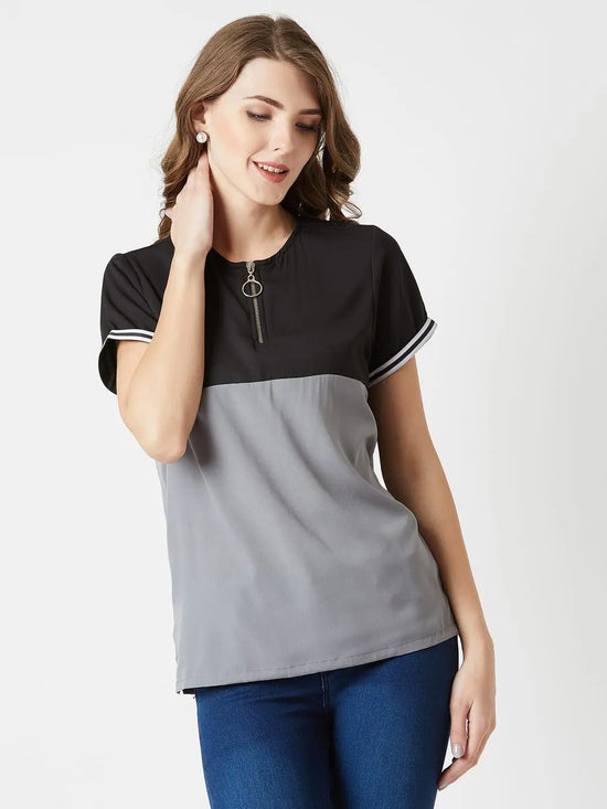 Set Your Alarm Twill Colour Block Black and Steel Grey Top