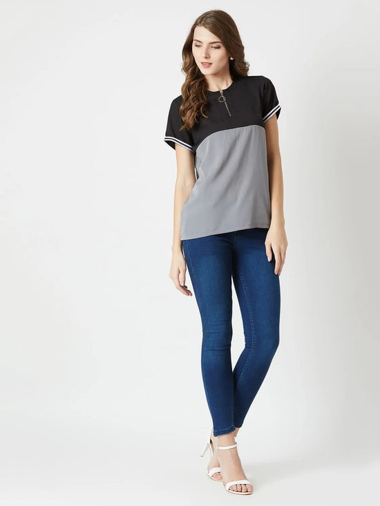 Set Your Alarm Twill Colour Block Black and Steel Grey Top