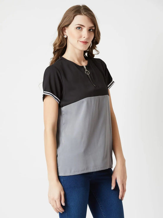 Set Your Alarm Twill Colour Block Black and Steel Grey Top