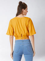 Up A Notch Eyelet Crop Mustard Yellow Top