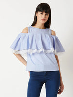 Flare Into Style Cold Shoulder Lace Light Blue Top