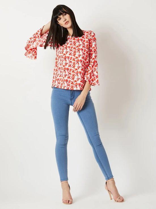 Floral Fantasies Ruffle Sleeve Multicolor-Base White Top