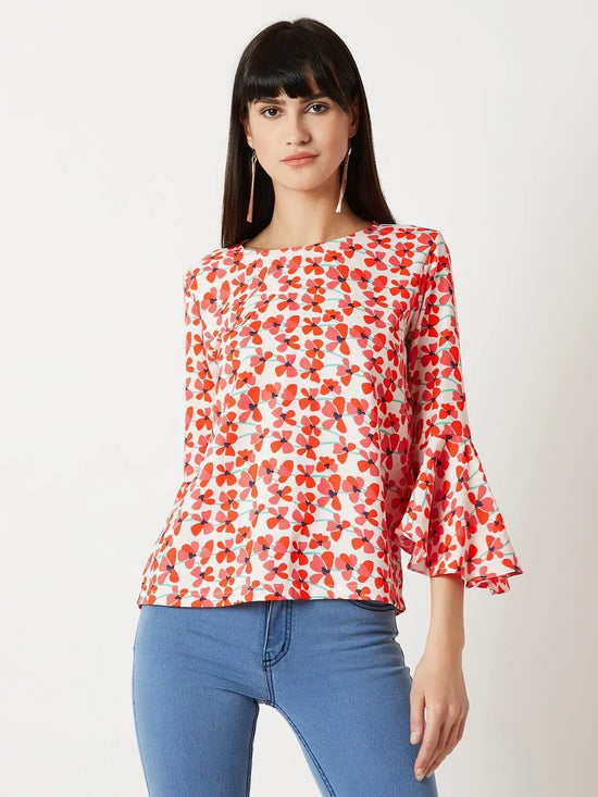 Floral Fantasies Ruffle Sleeve Multicolor-Base White Top