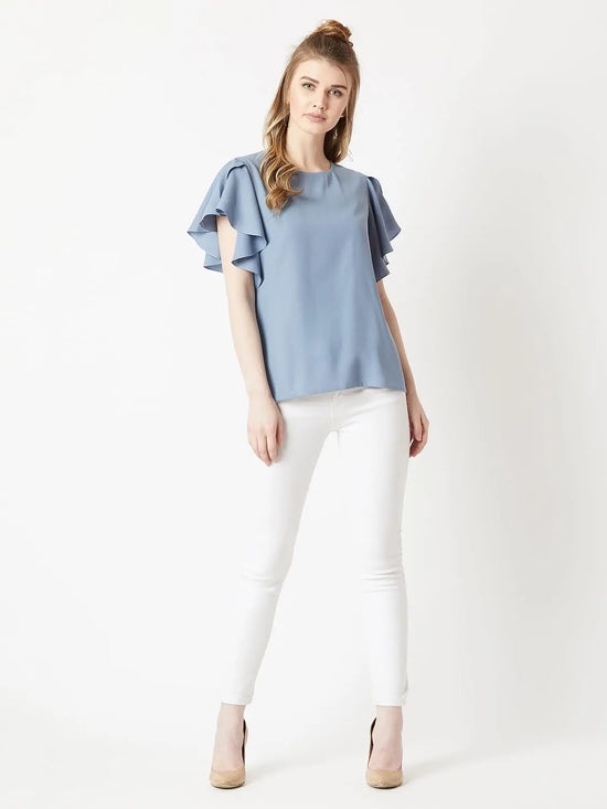 Imagination at work Ruffle Dusty Blue Top