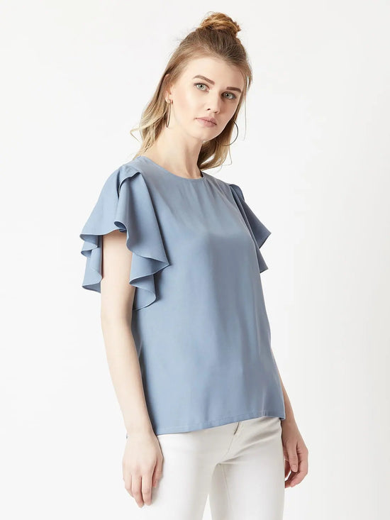 Imagination at work Ruffle Dusty Blue Top