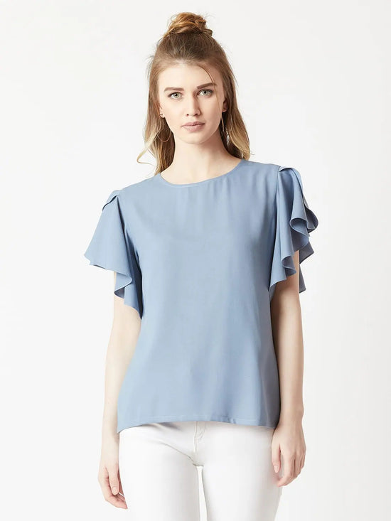 Imagination at work Ruffle Dusty Blue Top