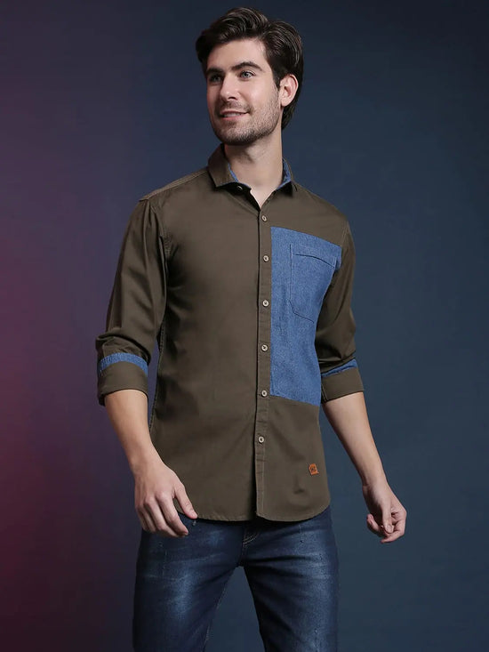 Campus Sutra Blue Angel Men Colourblocked Full Sleeve Casual Shirts