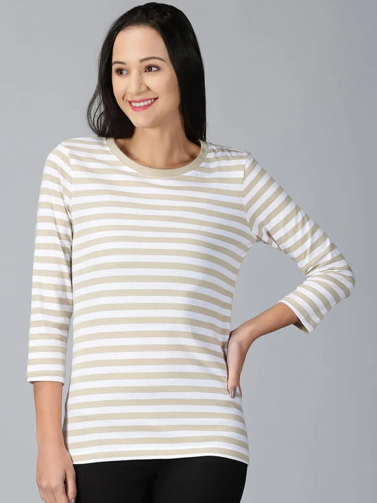 Women Striped T-Shirt Comfort RN 160 gsm Beige