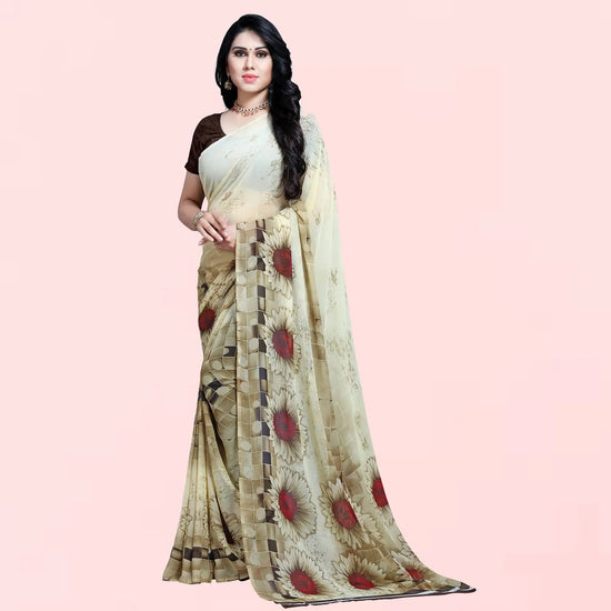 Beige Flower Theme Daily Wear Georgette Saree