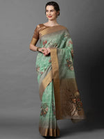 Sareemall Green Party Wear Cotton Silk Printed Saree With Unstitched Blouse