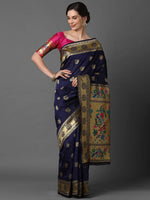 Sareemall Navy Blue Wedding Silk Blend Woven Design Saree With Unstitched Blouse-VKAKSHI3002-Blue