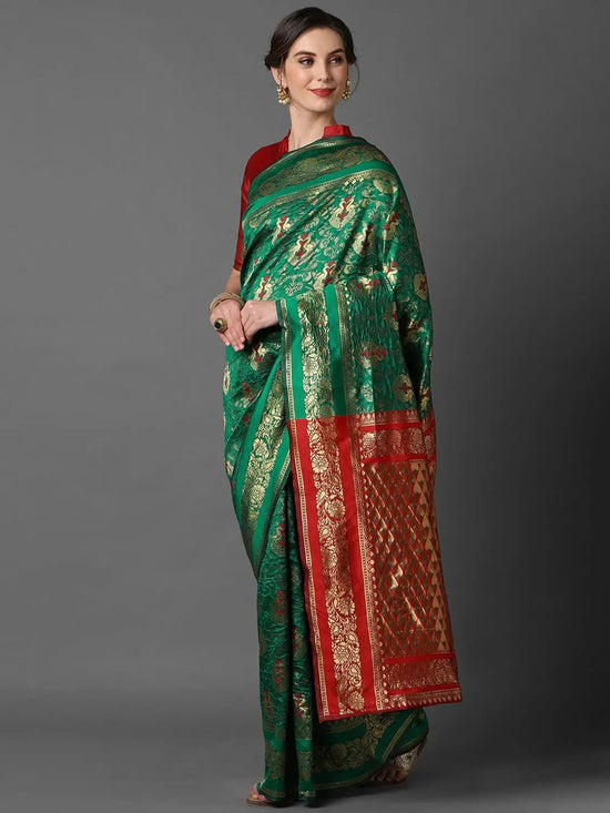 Sareemall Green & Red Wedding Silk Blend Woven Design Saree With Unstitched Blouse