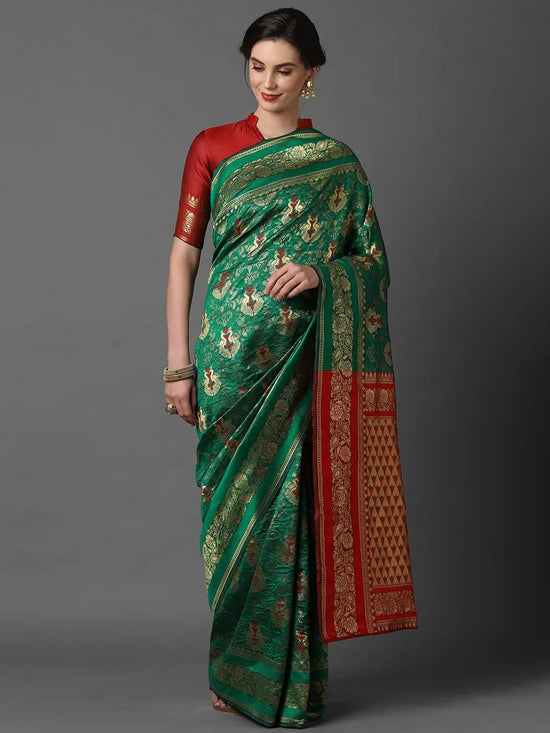 Sareemall Green & Red Wedding Silk Blend Woven Design Saree With Unstitched Blouse