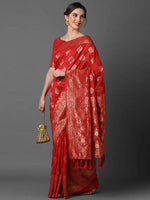 Extravagant Sareemall Red Festive Silk Blend Woven Design Saree With Unstitched Blouse