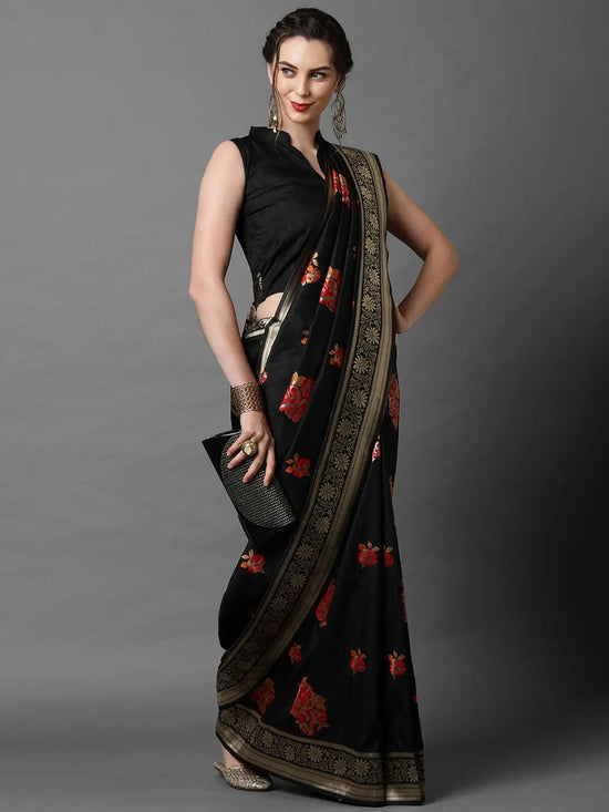 Sareemall Black Elite Festive Silk Blend Woven Design Saree With Unstitched Blouse