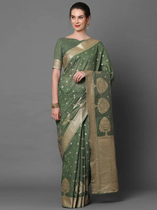 Sareemall Green Festive Silk Blend Woven Designer With Unstitched Blouse