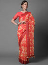 Sareemall Orange & Red Casual Linen Printed Saree With Unstitched Blouse