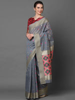 Sareemall Grey Festive Cotton Blend Woven Design Saree With Unstitched Blouse