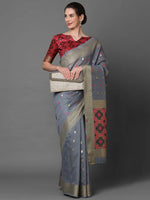 Sareemall Grey Festive Cotton Blend Woven Design Saree With Unstitched Blouse