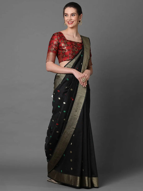 Sareemall Black Festive Cotton Blend Woven Design Saree With Unstitched Blouse