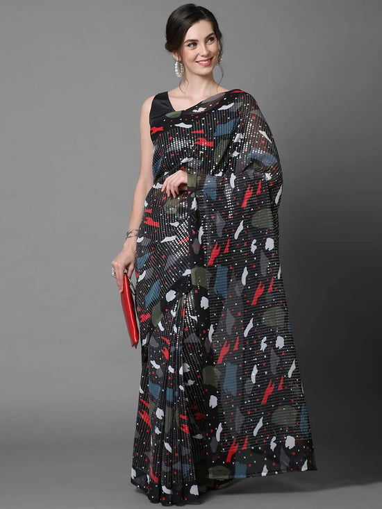 Sareemall Black Party Wear Georgette Sequence Work Saree With Unstitched Blouse