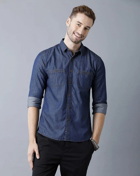 Yovish Men Washed Casual Blue Shirt