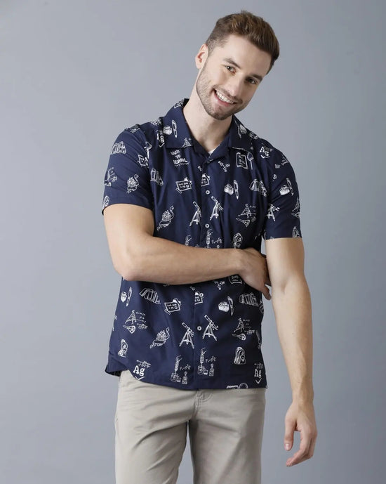 Yovish Men Printed Urban Dark Blue Shirt