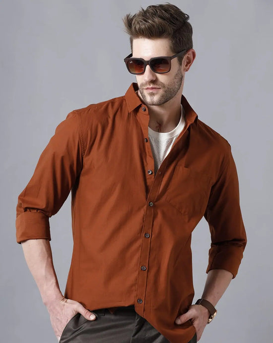 Yovish Men Solid Casual Brown Shirt