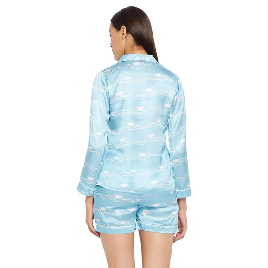 Women Sky Blue Printed Shirt and Shorts Night Suit