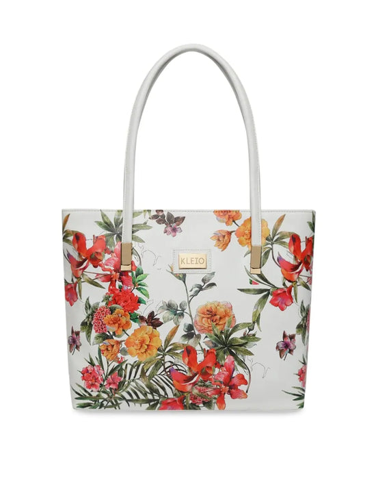 KLEIO Floral Printed Zipper Tote Shoulder Handbag For Women/Ladies (HO4014KL-WH)(WHITE)