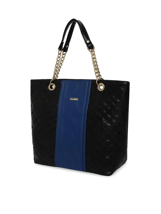 KLEIO women's quilted zip tote handbag (Black & Royal Blue)