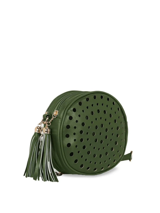 KLEIO Stylish Round Double Compartment Laser Cut With Tassel Cross Body Sling Bag for Girls / Women-EDK1043KL-DG