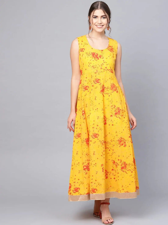 Juniper Mustard Georgette Printed Flared Dress With Hair-Band