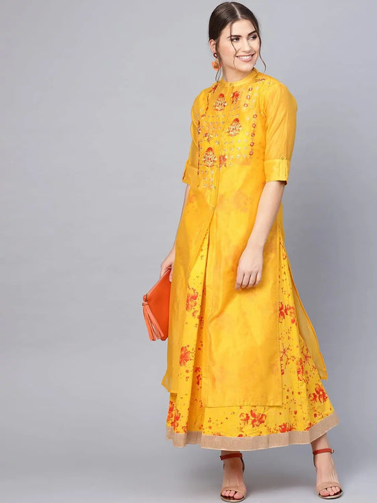 Juniper Mustard Georgette Printed Flared Dress With Hair-Band