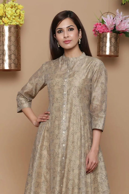 Juniper Beige Chanderi Silk Printed Anarkali Kurta