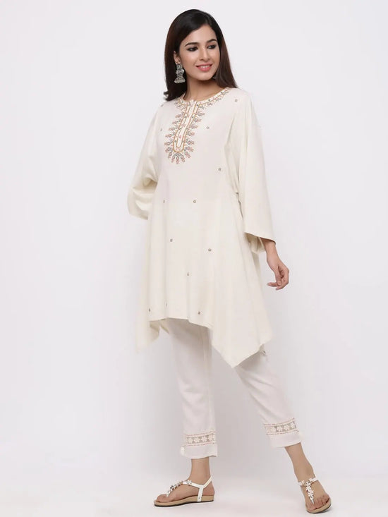 Juniper Offwhite Rayon Flex Embroidered Asymmetric Tunic