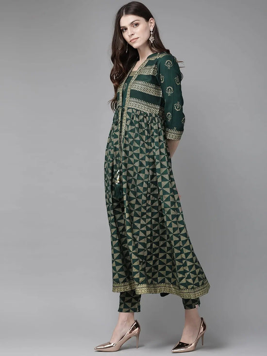 Juniper Jade Green Rayon Slub Printed Jacket Style Kurta With Pants