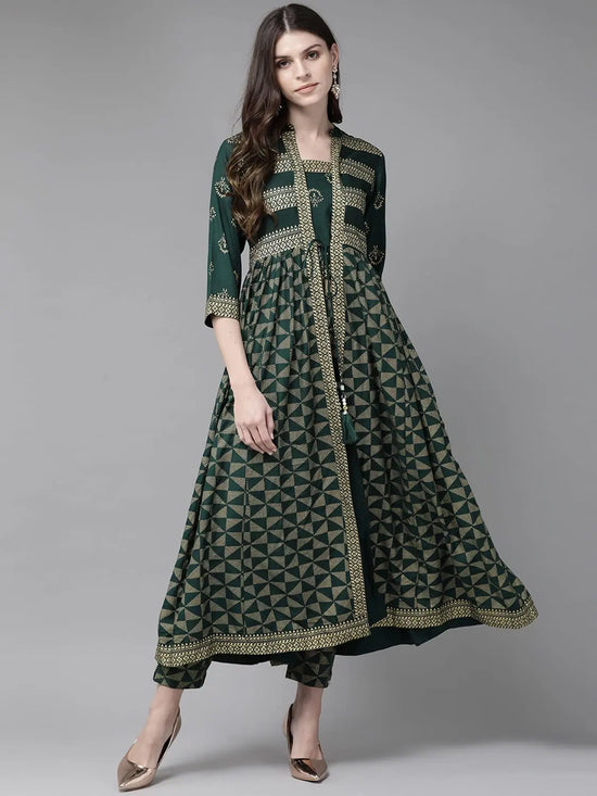 Juniper Jade Green Rayon Slub Printed Jacket Style Kurta With Pants