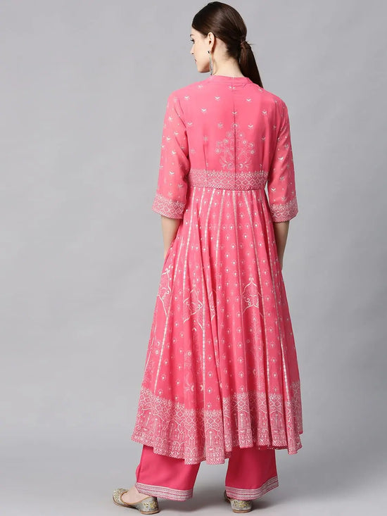 Juniper Coral Georgette Printed Anarkali Kurta With Palazzo