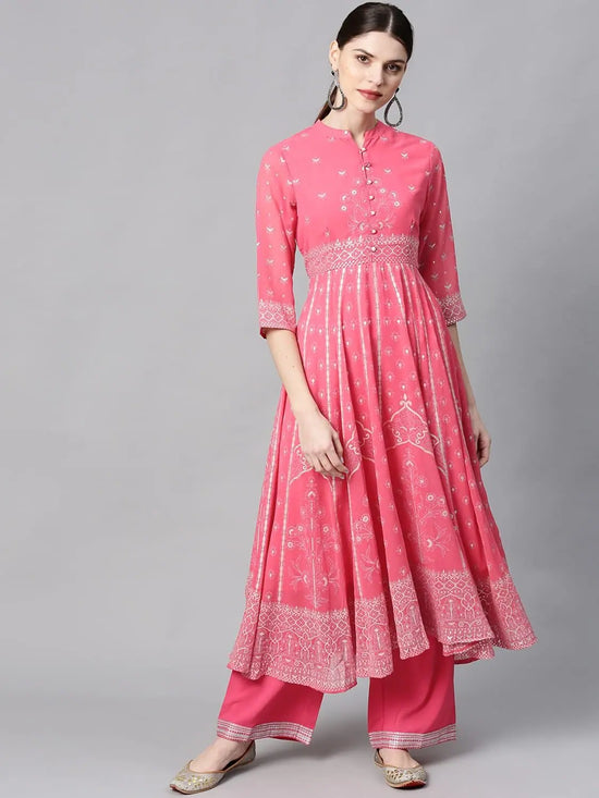 Juniper Coral Georgette Printed Anarkali Kurta With Palazzo