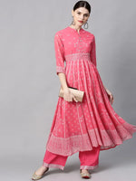 Juniper Coral Georgette Printed Anarkali Kurta With Palazzo