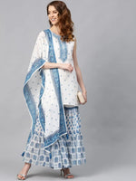 Juniper Blue Georgette Printed Straight Kurta Sharara Dupatta Set