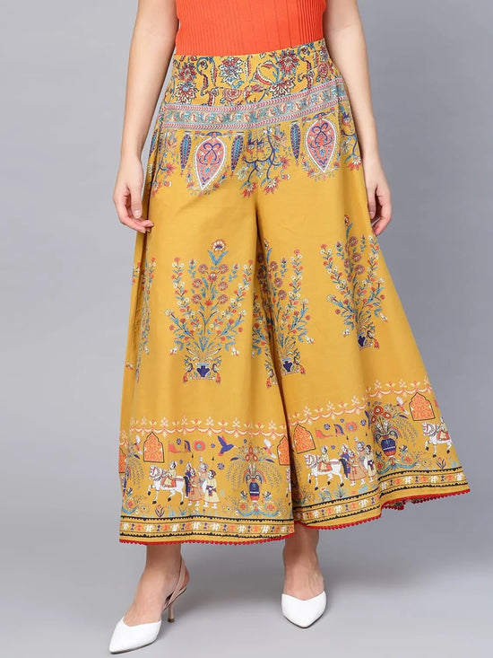 Juniper Mustard Cotton Voile Printed Flared Palazzo