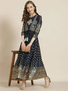 Juniper Navyblue Dull Satin Printed Anarkali Dress