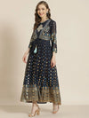 Juniper Navyblue Dull Satin Printed Anarkali Dress