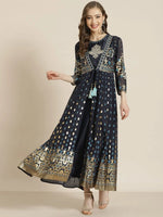 Juniper Navyblue Dull Satin Printed Anarkali Dress