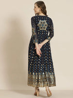 Juniper Navyblue Dull Satin Printed Anarkali Dress