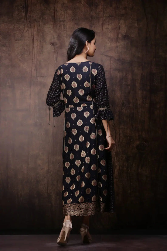 Juniper Black Rayon Printed Jacket Style Kurta Dress