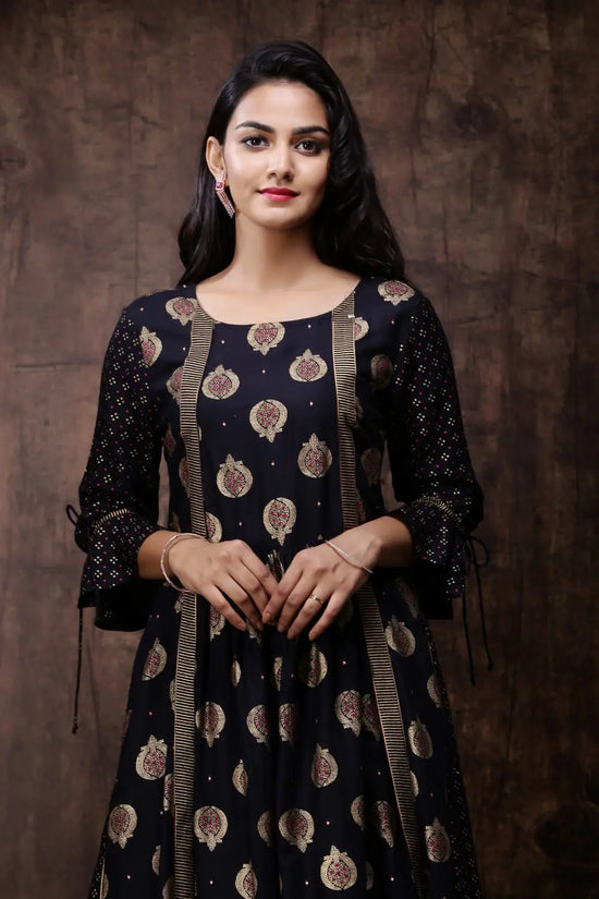 Juniper Black Rayon Printed Jacket Style Kurta Dress